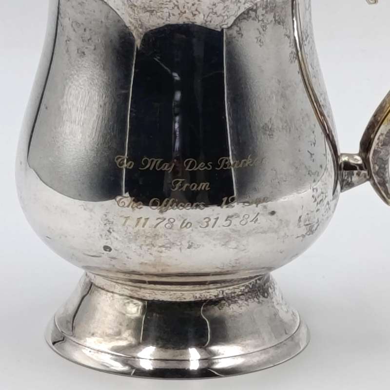 Silverplated mug given to Major Des Barker from the officers of 12 Squadron 1978-1984