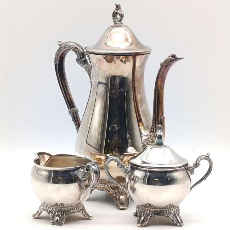 Vintage silverplated coffee pot with milk jug and sugar bowl