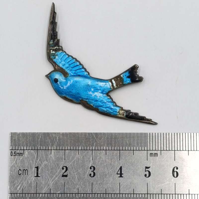 Vintage sterling silver and Guilloche enamel blue bird brooch - no pin