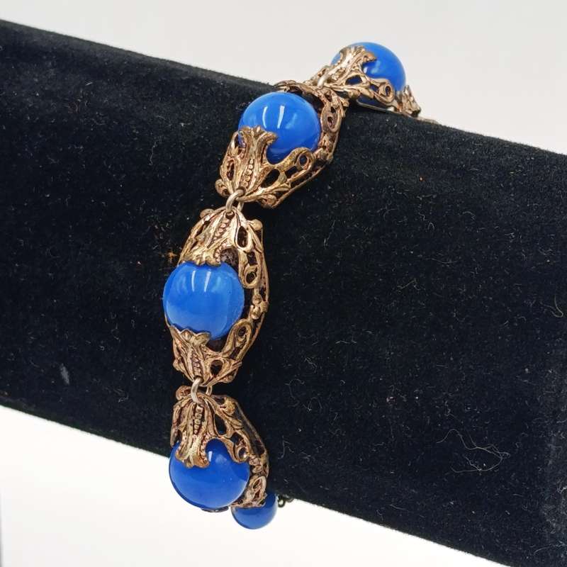 1926 CZECH arte deco bracelet and ring with blue stones - extra link
