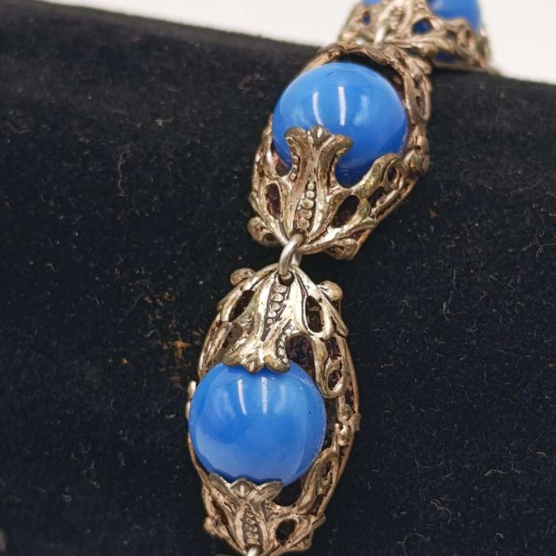 1926 CZECH arte deco bracelet and ring with blue stones - extra link