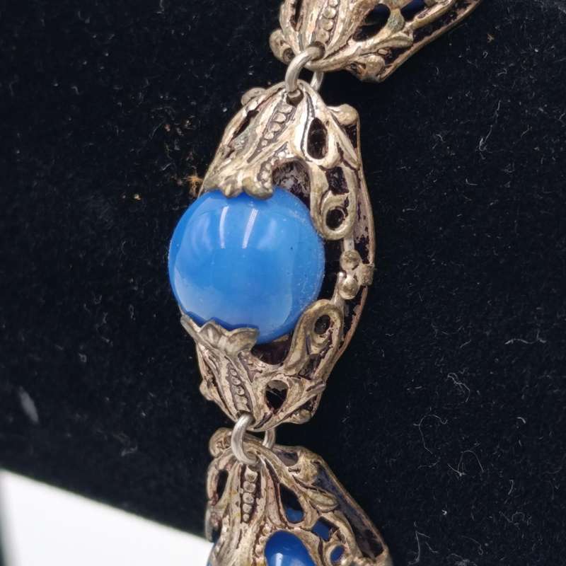 1926 CZECH arte deco bracelet and ring with blue stones - extra link