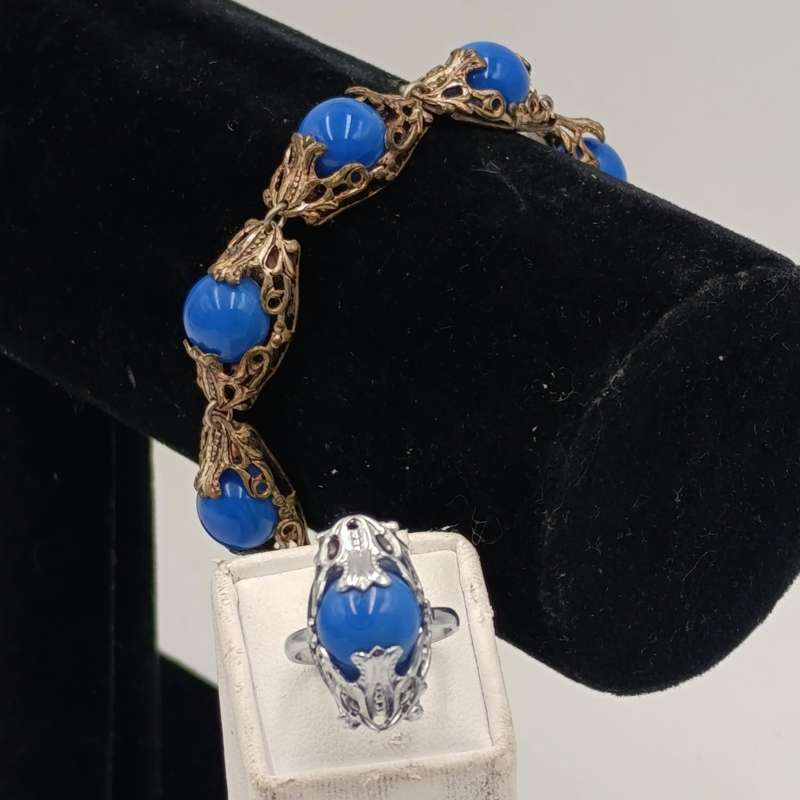 1926 CZECH arte deco bracelet and ring with blue stones - extra link