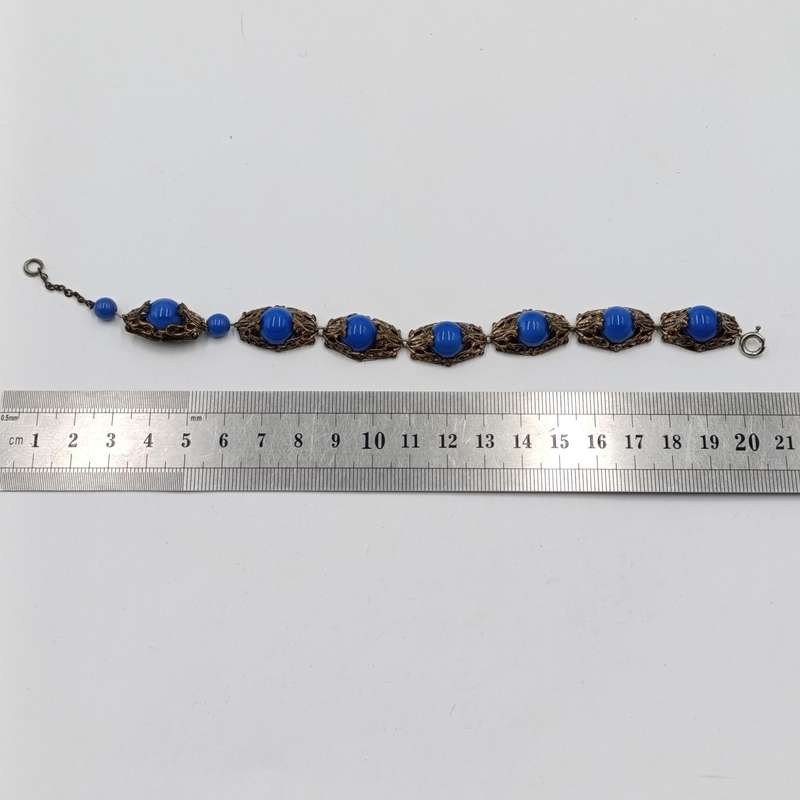 1926 CZECH arte deco bracelet and ring with blue stones - extra link