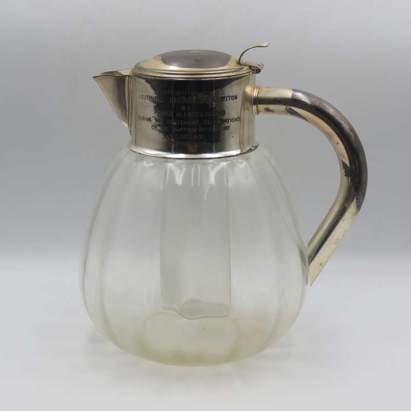 Vintage glass pitcher with silverplated top presented to SADF Chief of Staff Lieutenant - General J.