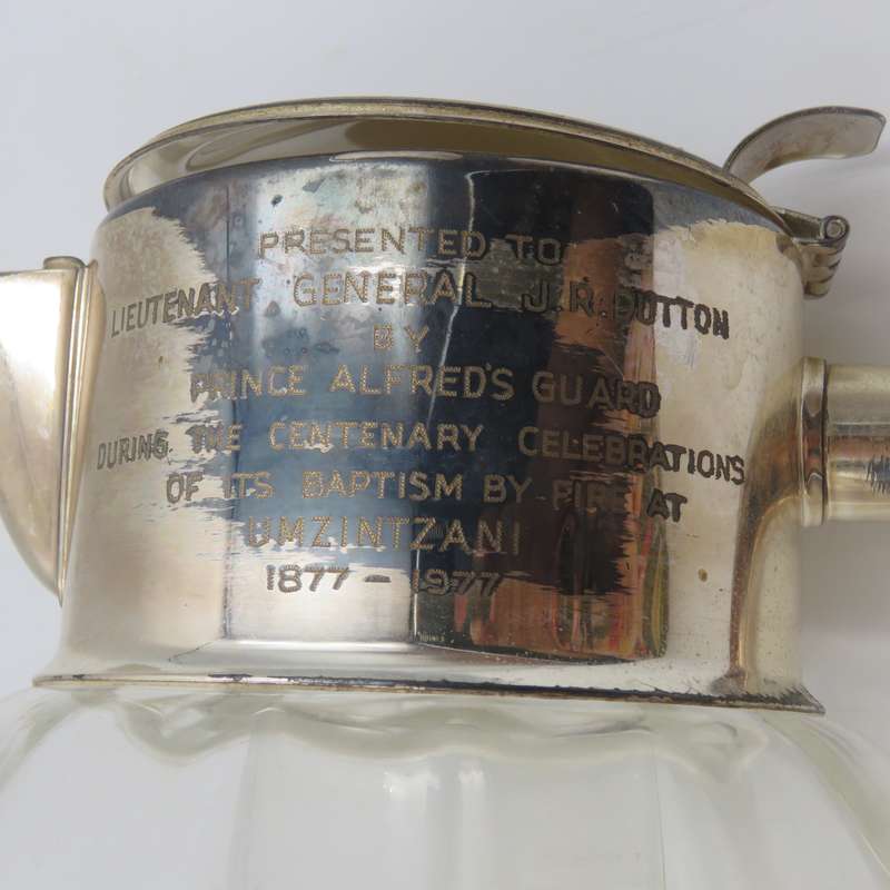Vintage glass pitcher with silverplated top presented to SADF Chief of Staff Lieutenant - General J.