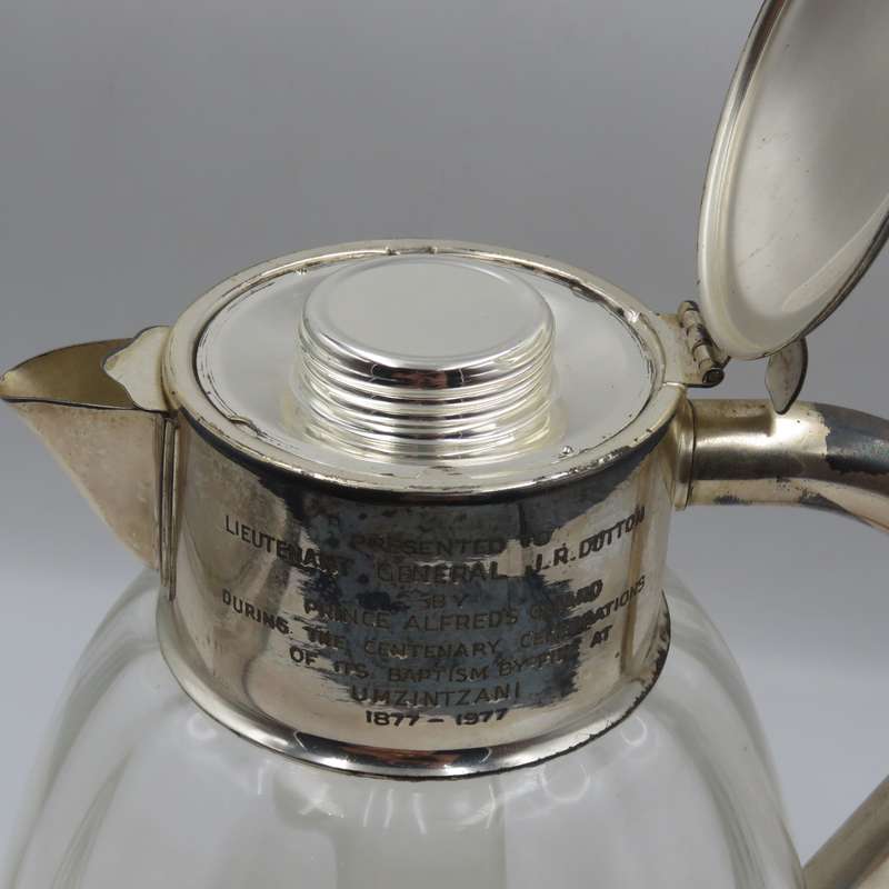 Vintage glass pitcher with silverplated top presented to SADF Chief of Staff Lieutenant - General J.