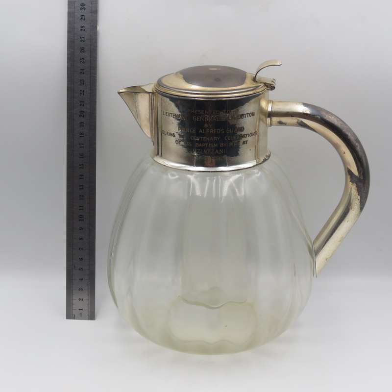 Vintage glass pitcher with silverplated top presented to SADF Chief of Staff Lieutenant - General J.
