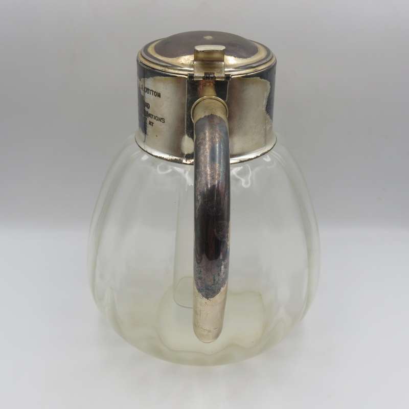 Vintage glass pitcher with silverplated top presented to SADF Chief of Staff Lieutenant - General J.