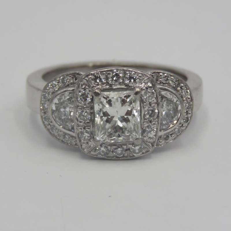 Bespoke 9kt white gold diamond ring with 1,09ct Princess cut diamond with 2 x colour D/E half moon