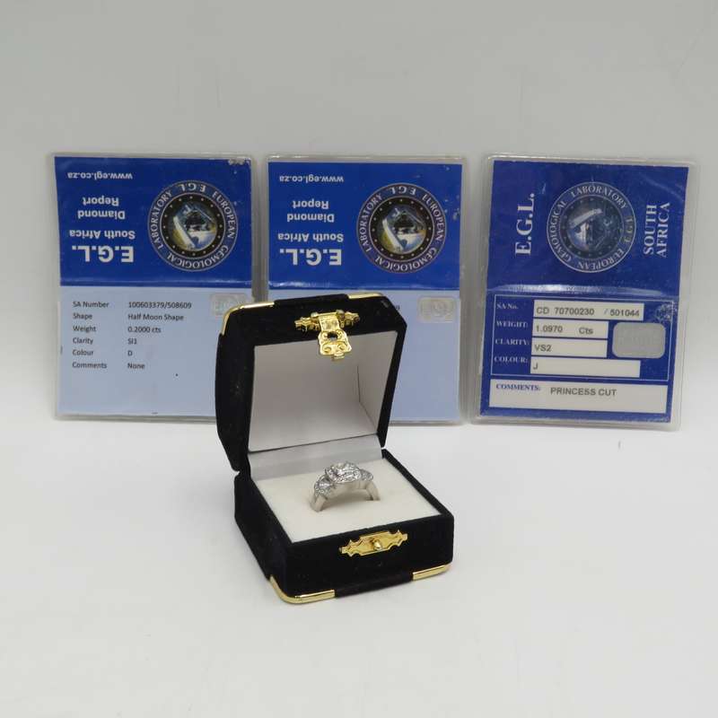 Bespoke 9kt white gold diamond ring with 1,09ct Princess cut diamond with 2 x colour D/E half moon