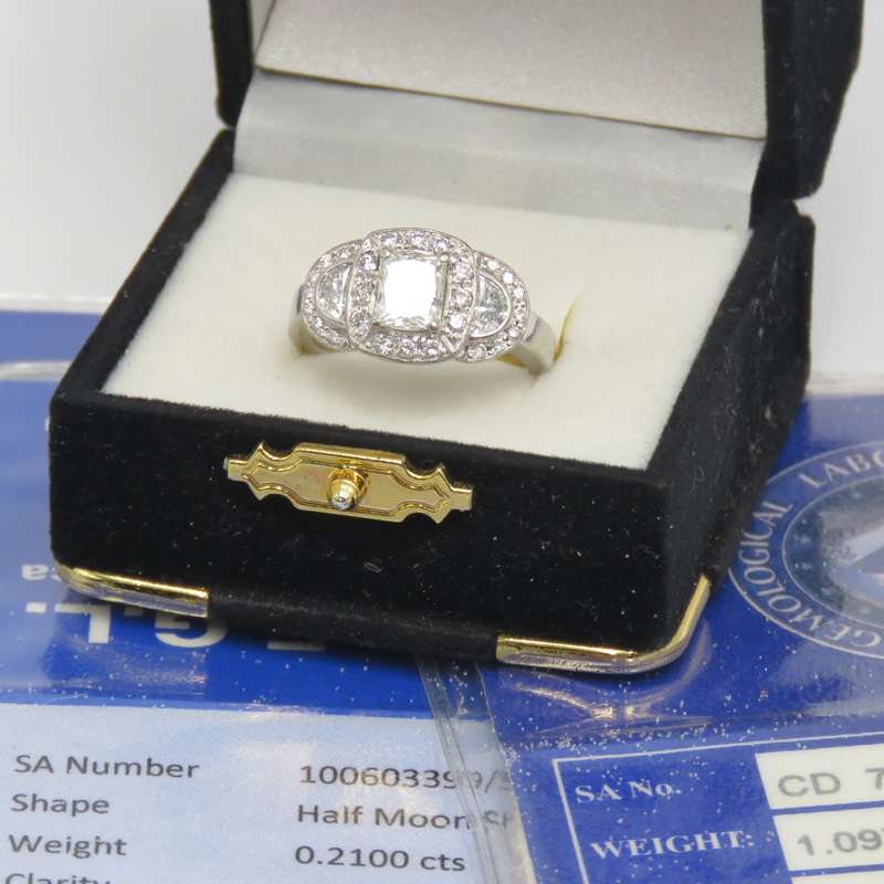 Bespoke 9kt white gold diamond ring with 1,09ct Princess cut diamond with 2 x colour D/E half moon