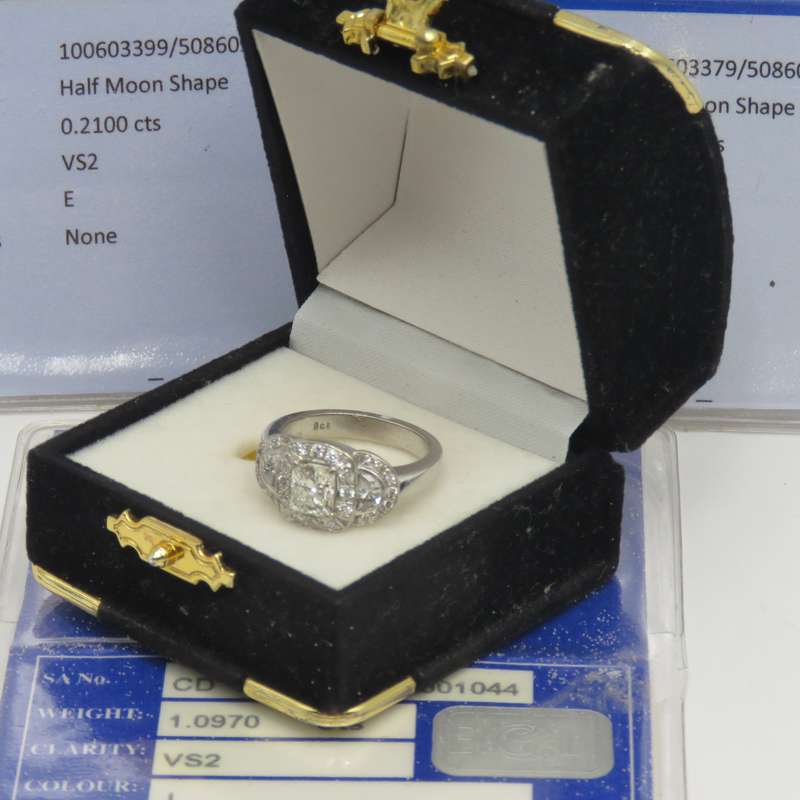 Bespoke 9kt white gold diamond ring with 1,09ct Princess cut diamond with 2 x colour D/E half moon