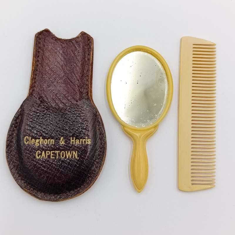 Antique Cleghorn and Harris Cape Town miniature mirror and comb - Compliments of the season 1897