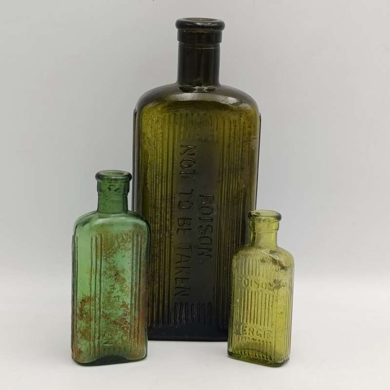 Lot of 3 sizes Green poison bottles - English + Afrikaans