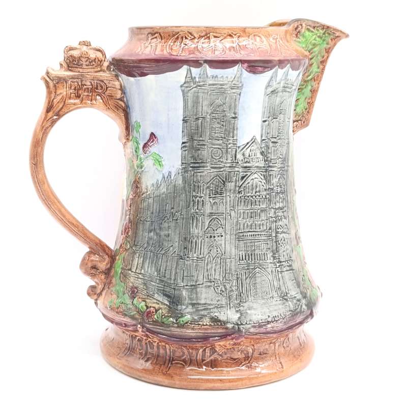 Burleighware porcelain jug commemorating the coronation of Queen Elizabeth II 1953