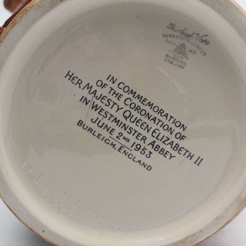 Burleighware porcelain jug commemorating the coronation of Queen Elizabeth II 1953