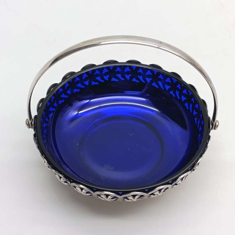 Silver-plated blue glass sweets bowl - made in England