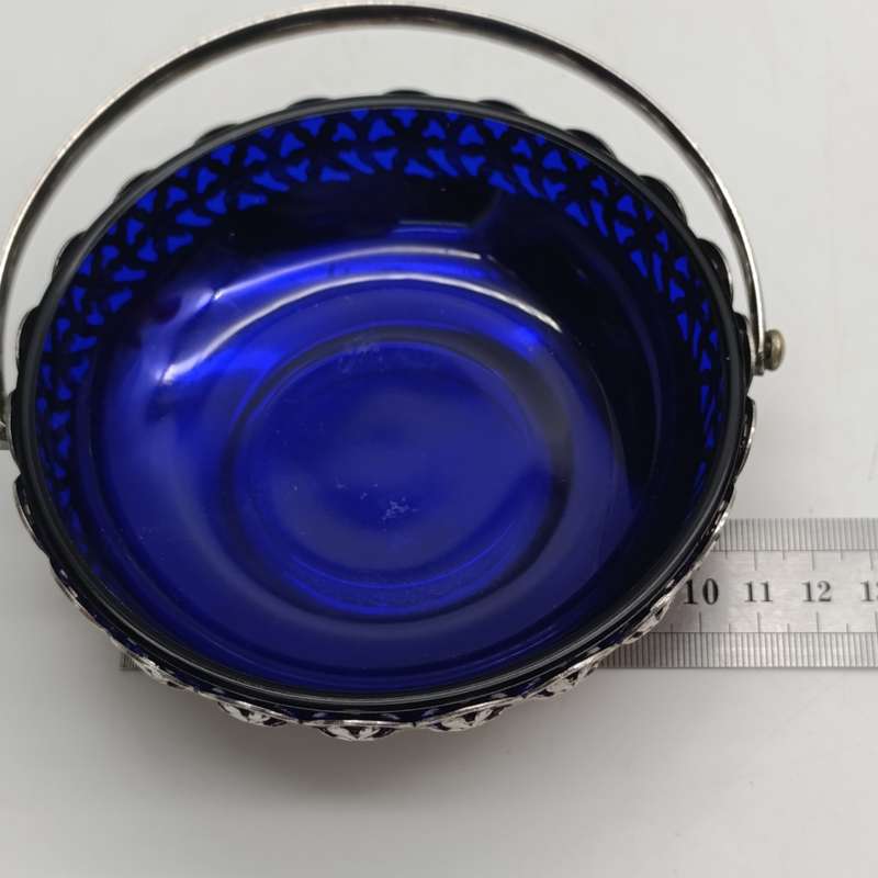 Silver-plated blue glass sweets bowl - made in England