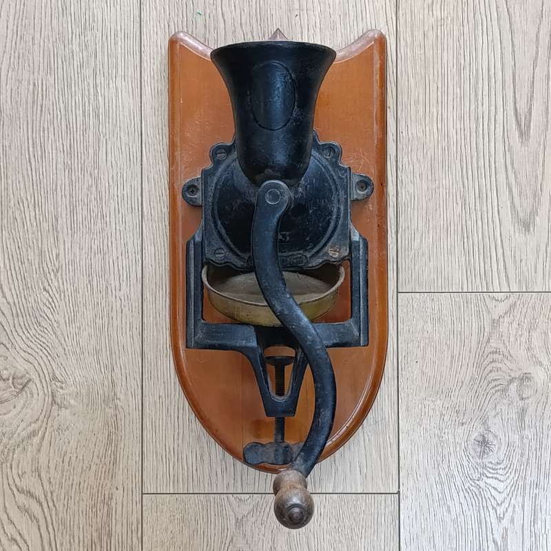 Antique Beatrice No.3 coffee grinder with tin bowl - mounted on wall plaque