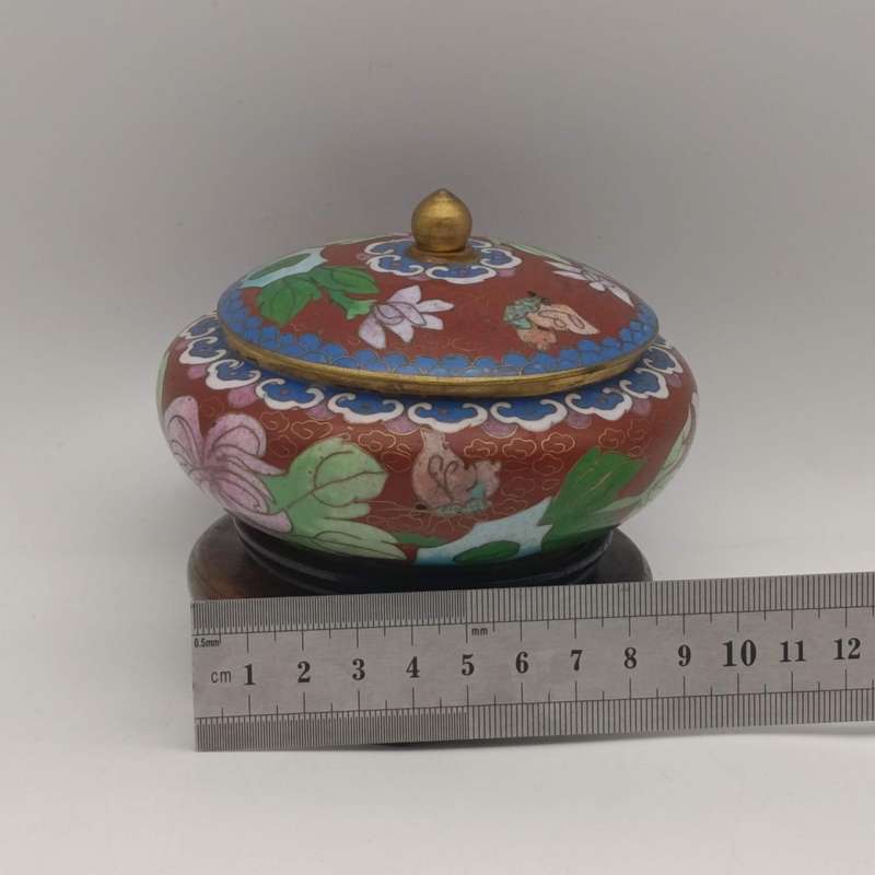 Vintage Chinese Cloisonné bowl with lid on stand