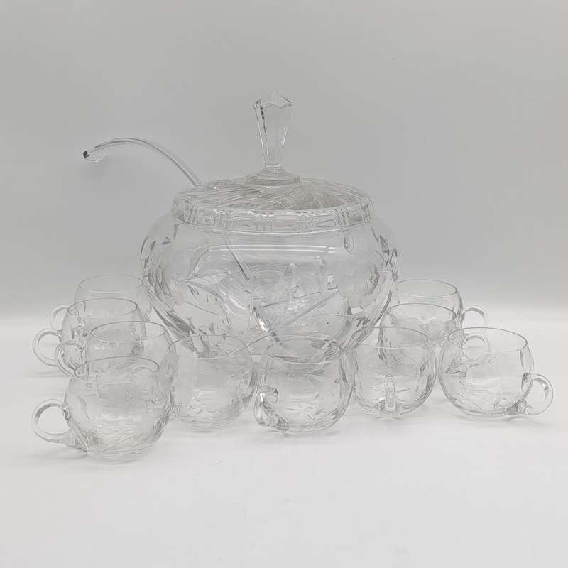 Vintage Lead crystal punch bowl with glass ladle and 10 cups