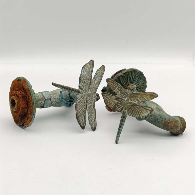 Pair of Antique style copper garden taps with dragonfly handles