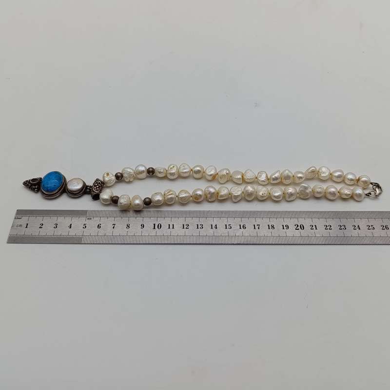 Vintage Pearl and silver necklace with turqoise and amethyst