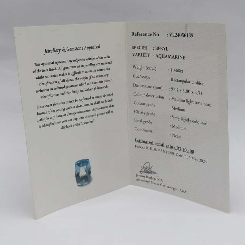 Rectangular Aquamarine of 1,468ct with GEMLAB certificate