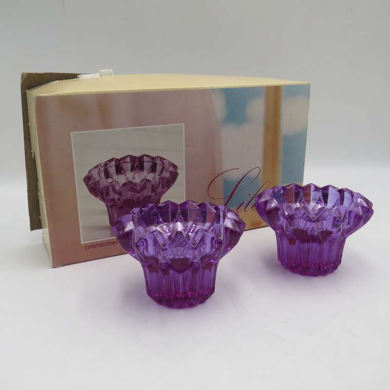 Pair of beautiful Lilas crystal candle holders in box
