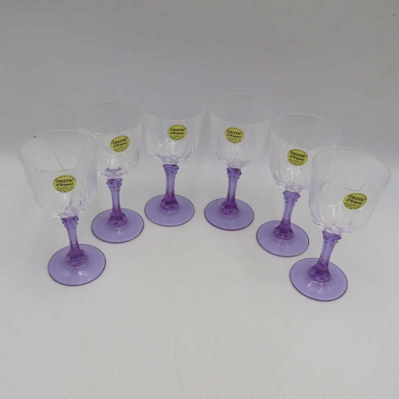 Set of 6 vintage Lilas crystal glasses in box