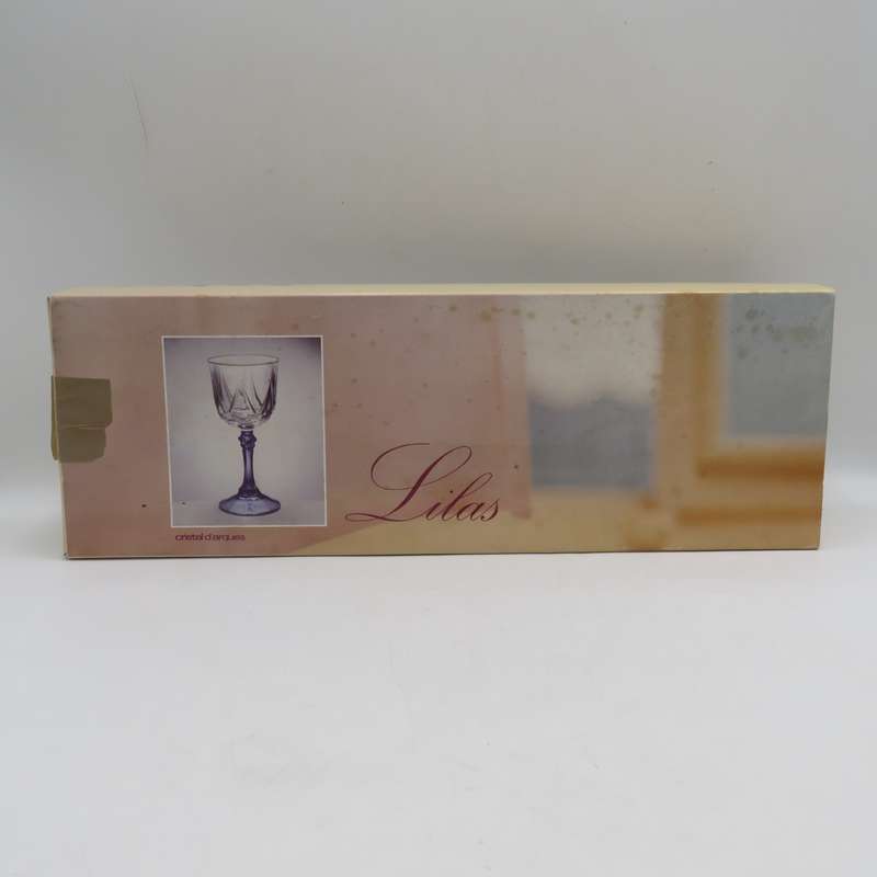 Set of 6 vintage Lilas crystal glasses in box