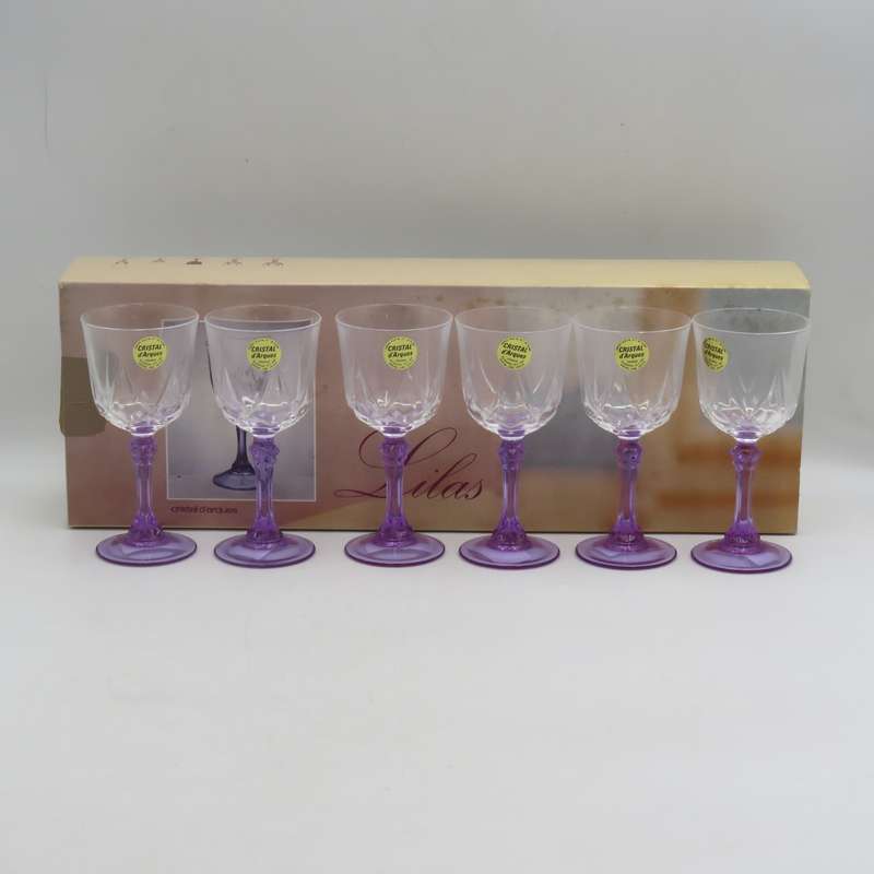 Set of 6 vintage Lilas crystal glasses in box