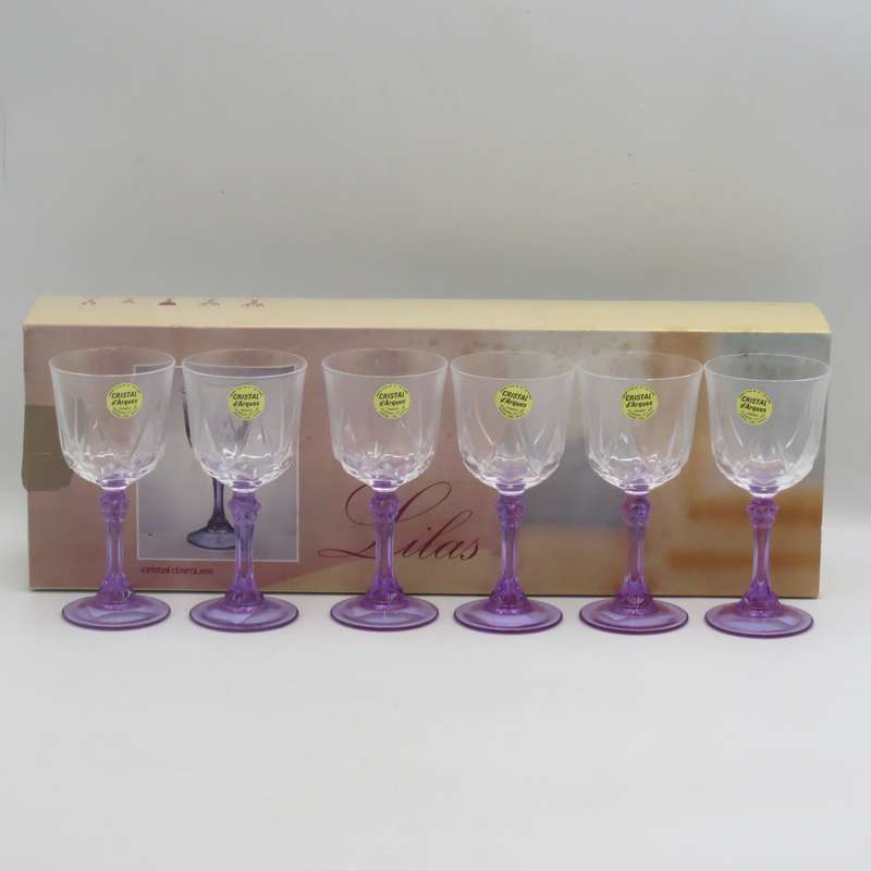 Set of 6 vintage Lilas crystal glasses in box
