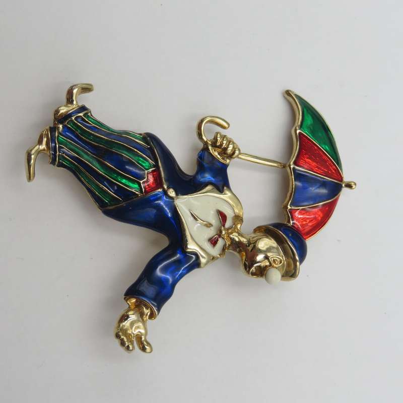 Vintage gold colour with enamel clown brooch