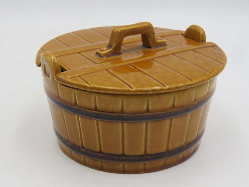 Vintage portuguese ceramic barrel shaped dish with lid