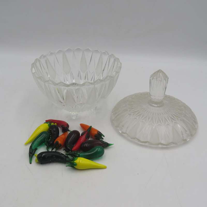 Vintage glass bowl with collection of mini glass vegetables - some has damage