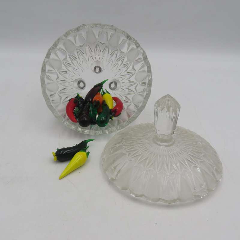 Vintage glass bowl with collection of mini glass vegetables - some has damage