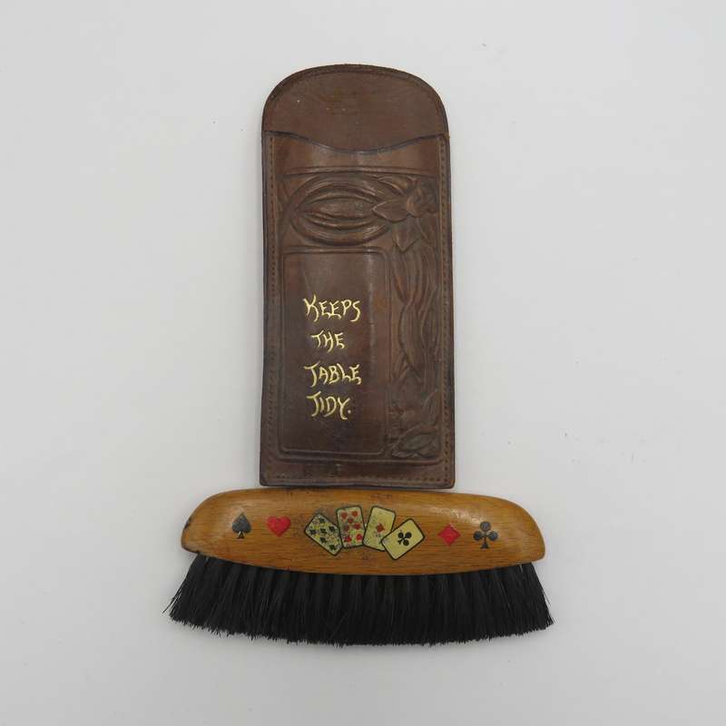 Card Table brush in leather pouch - vintage