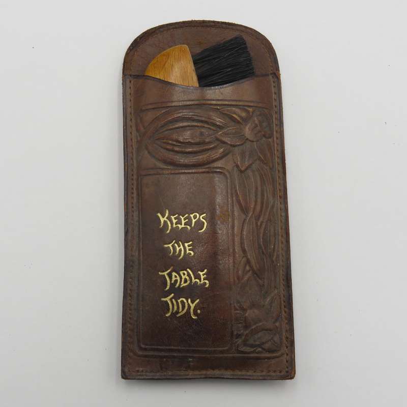Card Table brush in leather pouch - vintage
