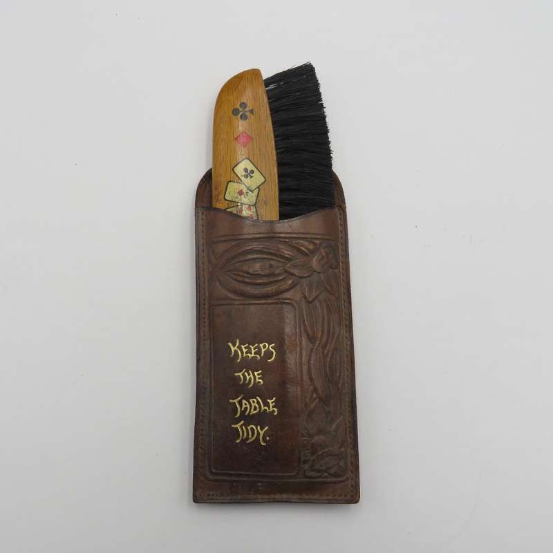 Card Table brush in leather pouch - vintage