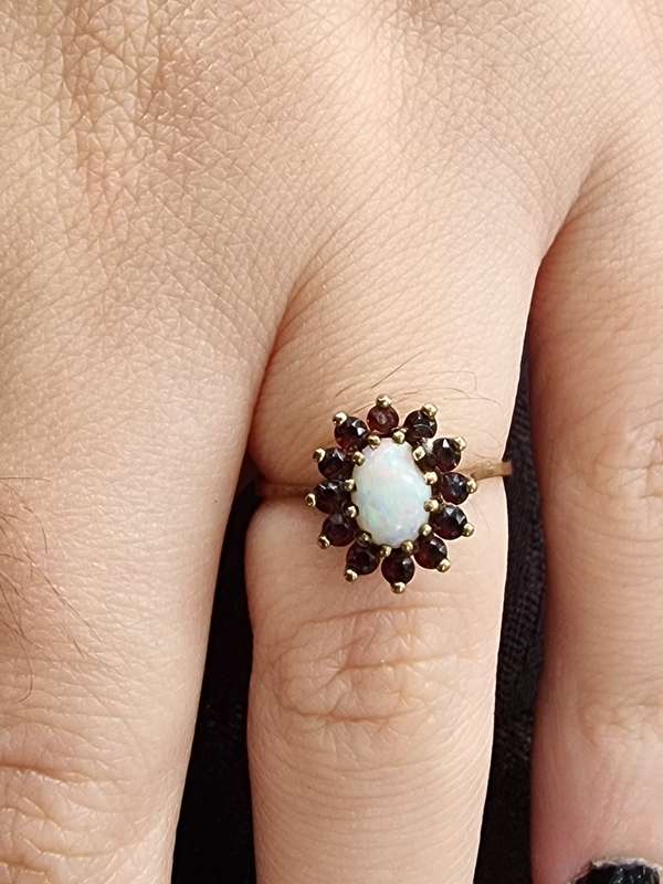 Dazzling Vintage  Genuine "SUGAR OPAL" and Garnet Halo 9CT Yellow Gold. ( Genuine Gold.)
