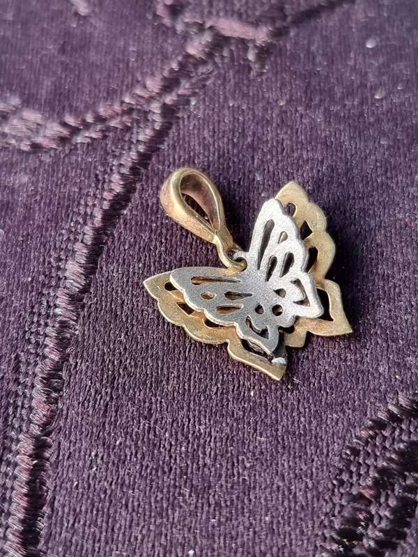 "WHITE and YELLOW GOLD" Butterfly Pendant. 9CT. ( Genuine Gold. )
