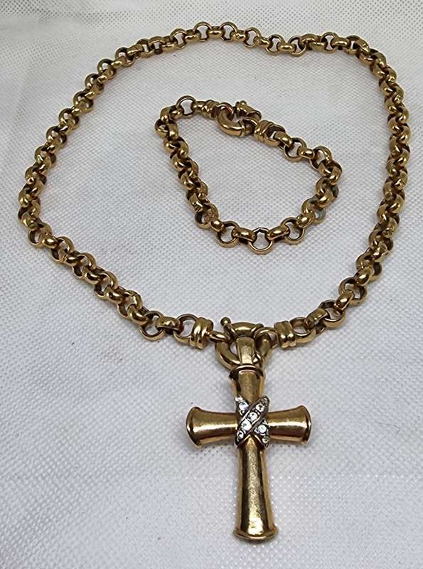 'Rolly Polly" Gold Plated Necklace and Cross with Bracelet Set.