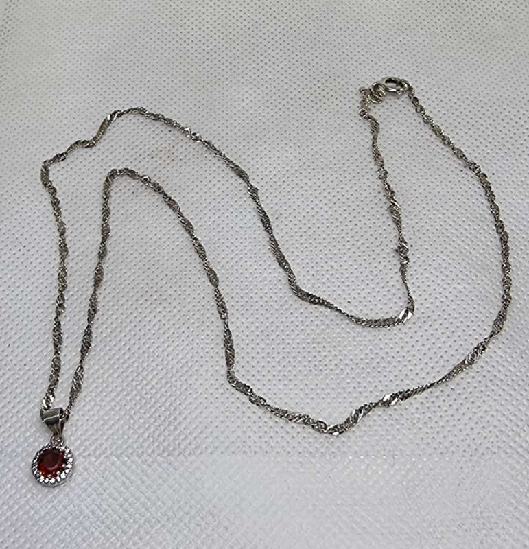 "RED STONE" CZ Pendant on a 925 \ STERLING SILVER "ROPE CHAIN" Necklace.( Genuine Silver. )