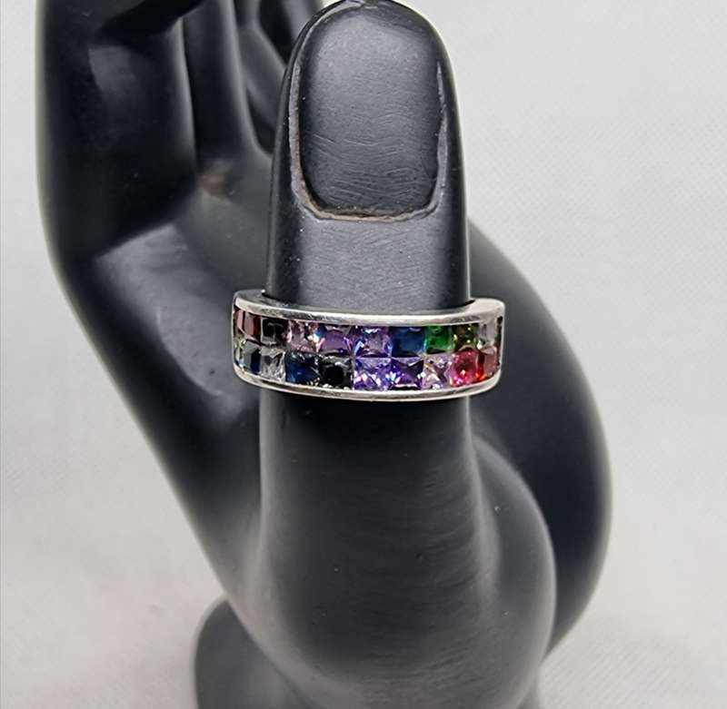 Multi Colour CZ 925 Sterling Silver Channel Band Ring. ( Genuine Silver. )