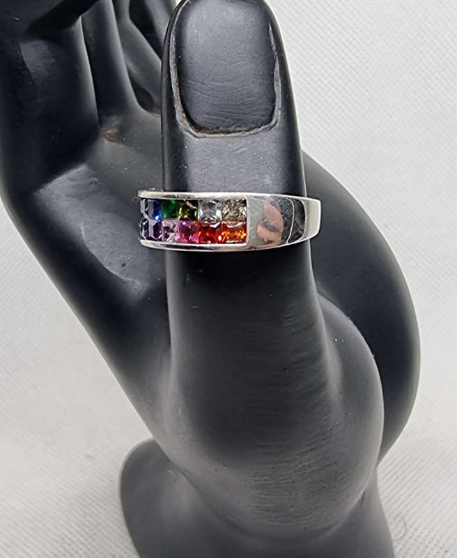 Multi Colour CZ 925 Sterling Silver Channel Band Ring. ( Genuine Silver. )