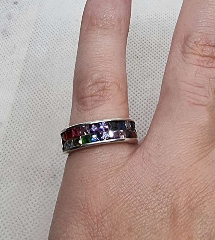 Multi Colour CZ 925 Sterling Silver Channel Band Ring. ( Genuine Silver. )