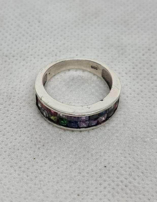 Multi Colour CZ 925 Sterling Silver Channel Band Ring. ( Genuine Silver. )