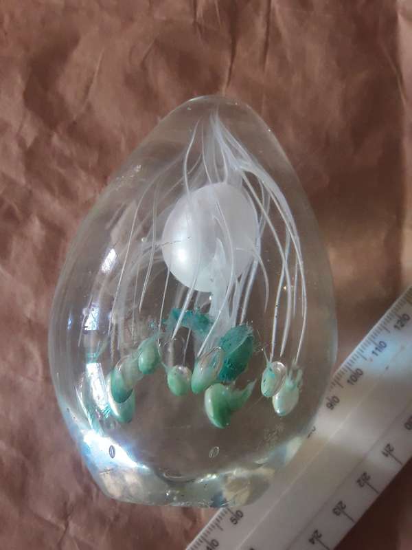 Glass paperweight green and white  pattern look at pics please